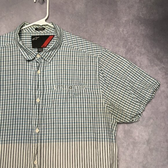 Alpinestars Mens Plaid Shirt size XXL Short Sleeve Button Up Pocket White Blue - Picture 2 of 16